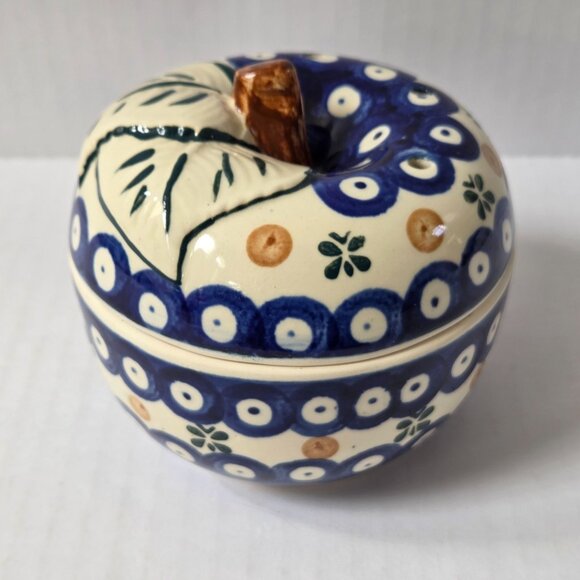 Boleslawiec Polish Pottery Peacock Blue Apple Baker Covered Dish Decor ONLY READ - Picture 3 of 11